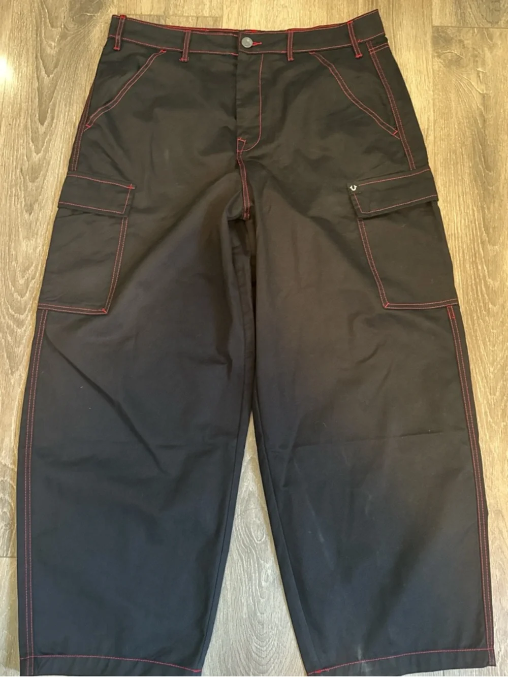 Men's Black Cargo Pants with Red Stitching - Picture 1 of 3